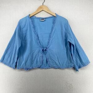 EUCALYPTUS Top Womens S Hand Crafted Crochet Trim Lagenlook Cotton Blue